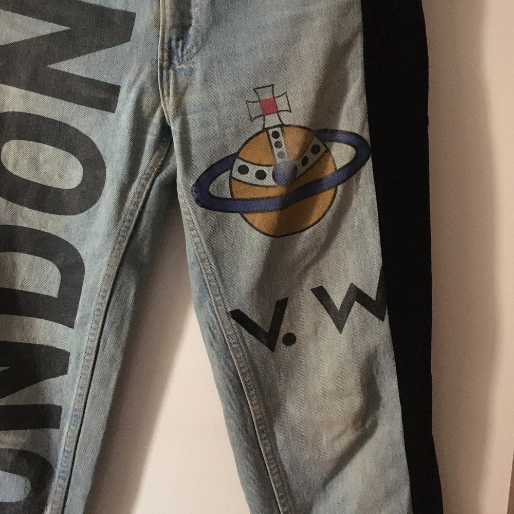 LEVI'S X VIVIENNE WESTWOOD Repurposed Dirty Wash Jeans Velvet Tuxedo Stripes - Picture 3 of 8